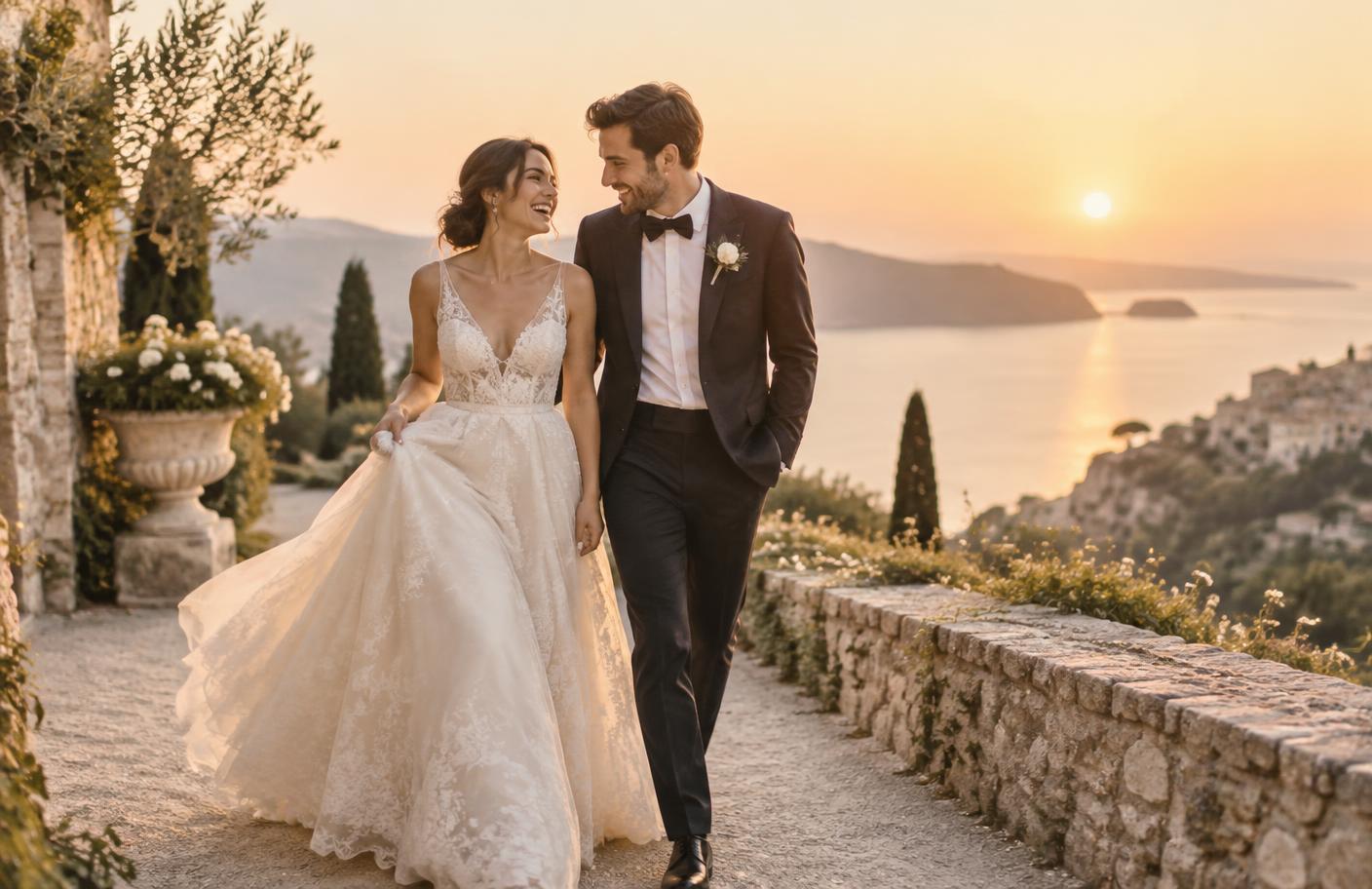 Casal fotografado durante o pôr do sol